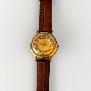 Vintage Guess Unisex Watch 36mm Gold Tone Logo Dial Brown Leather 1994